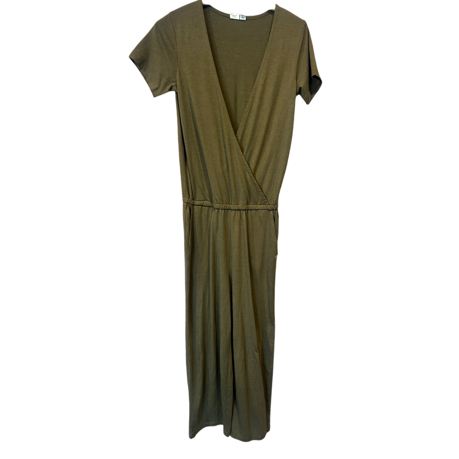 Tentree Faux Wrap Short Sleeve Knit Jumpsuit Olive Green Women's Size Small